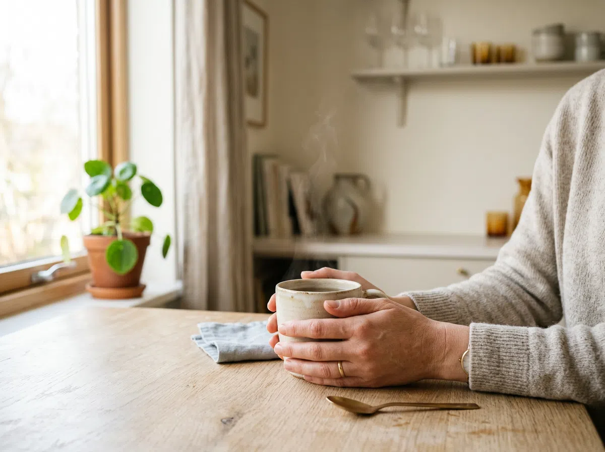 Händer håller en varm kopp te vid ett skandinaviskt köksfönster i morgonljus